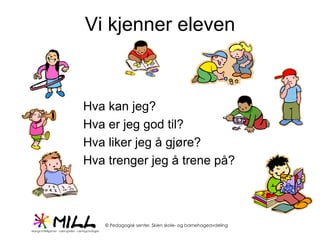 Vi kjenner eleven Hva kan jeg? Hva er jeg god til? Hva liker jeg å gjøre? Hva trenger jeg å trene på? 