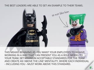The best leaders are able to set an example to their teams.
This means behaving as you want your employees to behave, work...
