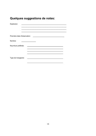 18
Quelques suggestions de notes:
Espèce(s): __________________________________________________
__________________________________________________
__________________________________________________
__________________________________________________
Première date d'observation: ___________________________________
Nombre: ________________
Nourriture préférée: ________________________________________
________________________________________
________________________________________
________________________________________
Type de mangeoire: ________________________________________
_____________________________________
 