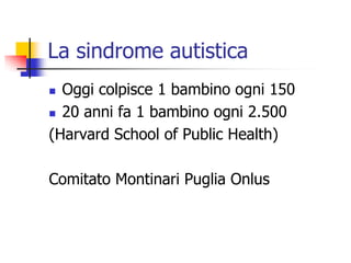 La sindrome autisticaOggi colpisce 1 bambino ogni 15020 anni fa 1 bambino ogni 2.500(Harvard School of Public Health)Comitato Montinari Puglia Onlus