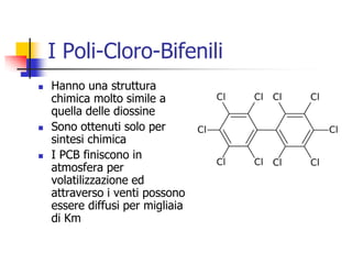 I Poli-Cloro-BifeniliHanno una struttura chimica molto simile a quella delle diossineSono ottenuti solo per sintesi chimicaI PCB finiscono in atmosfera per volatilizzazione ed attraverso i venti possono essere diffusi per migliaia di Km  