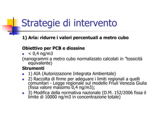Strategie di intervento1) Aria: ridurre i valori percentuali a metro cuboObiettivo per PCB e diossine&lt; 0,4 ng/m3(nanogrammi a metro cubo normalizzato calcolati in ”tossicità equivalente)Strumenti1) AIA (Autorizzazione Integrata Ambientale)2) Raccolta di firme per adeguare i limiti regionali a quelli comunitari - Legge regionale sul modello Friuli Venezia Giulia (fissa valore massimo 0,4 ng/m3);3) Modifica della normativa nazionale (D.M. 152/2006 fissa il limite di 10000 ng/m3 in concentrazione totale)