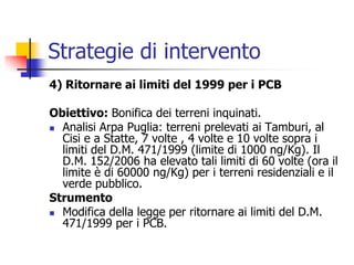 Strategie di intervento4) Ritornare ai limiti del 1999 per i PCBObiettivo: Bonifica dei terreni inquinati.Analisi Arpa Puglia: terreni prelevati ai Tamburi, al Cisi e a Statte, 7 volte , 4 volte e 10 volte sopra i limiti del D.M. 471/1999 (limite di 1000 ng/Kg). Il D.M. 152/2006 ha elevato tali limiti di 60 volte (ora il limite è di 60000 ng/Kg) per i terreni residenziali e il verde pubblico.StrumentoModifica della legge per ritornare ai limiti del D.M. 471/1999 per i PCB.
