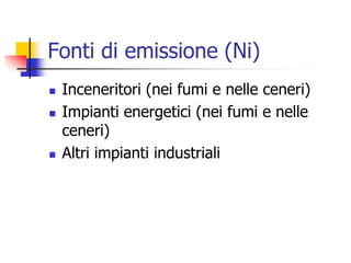 Fonti di emissione (Ni)Inceneritori (nei fumi e nelle ceneri)Impianti energetici (nei fumi e nelle ceneri)Altri impianti industriali