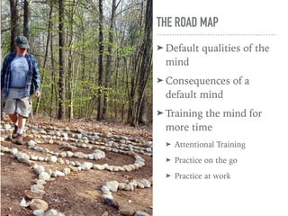 THE ROAD MAP
➤ Default qualities of the
mind
➤ Consequences of a
default mind
➤ Training the mind for
more time
➤ Attentional Training
➤ Practice on the go
➤ Practice at work
 