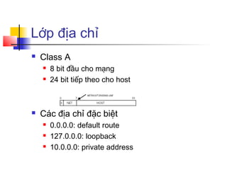 Lớp địa chỉ
 Class A
 8 bit đầu cho mạng
 24 bit tiếp theo cho host
 Các địa chỉ đặc biệt
 0.0.0.0: default route
 127.0.0.0: loopback
 10.0.0.0: private address
 
