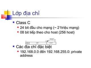 Lớp địa chỉ
 Class C
 24 bit đầu cho mạng (~ 21triệu mạng)
 08 bit tiếp theo cho host (256 host)
 Các địa chỉ đặc biệt
 192.168.0.0 đến 192.168.255.0: private
address
 