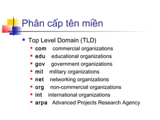 Phân cấp tên miền
 Top Level Domain (TLD)
 com commercial organizations
 edu educational organizations
 gov government organizations
 mil military organizations
 net networking organizations
 org non-commercial organizations
 int international organizations
 arpa Advanced Projects Research Agency
 