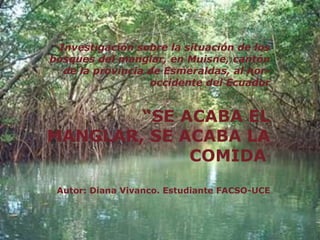 Investigación sobre la situación de los
bosques del manglar, en Muisne, cantón
  de la provincia de Esmeraldas, al nor-
                  occidente del Ecuador


        “SE ACABA EL
MANGLAR, SE ACABA LA
             COMIDA”
 Autor: Diana Vivanco. Estudiante FACSO-UCE
 