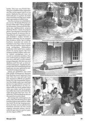 Manglé 2433 29
hasilna. Dina taun 2012 Pemkot Ban-
dung geus nyiptakeun lahan pagawaéan
anu bisa nyerep pagawé nepi ka 47,33
persén. Dipiharep dina ahir taun 2013
bakal naék jadi 67,14 pérsen. Ku beuki
réana masarakat anu boga gawé, tangtu
bakal ngaronjatkeun kualitas hirup.
Datadinaawaltaun2013ditétélakeun
aya 123.032 KK (Kepala Keluarga) anu
ka asup miskin mikro. Pikeun ngungku-
lan éta pasualan, Pamaréntah Kota Ban-
dung geus ngalaksanakeun program
Bandung Ma’mur. Tujuan éta program
pikeun ngawaluyakeun masarakat anu
kurang mampuh, di antarana dina wi-
dangatikankucarangagratiskeunwara-
gad pendidikan sangkan barudak ti
kalangan kulawarga anu teu mampuh
bisa neruskeun sakola. Ogé di widang
kaséhatan, masarakat anu miskin di-
haratiskeun tina biaya uubar ka rumah
sakit. Dina hal ngabina séntra industri
jeung perdagangan, dilaksanakeun
ngaliwatan sistim padat karya sangkan
leuwih réa nyerep pagawé. Ogé terus
metakeun tarékah sangkan séntra-sén-
tra industri perdagangan terus tu-
muwuh tur nambahan jumlahna. Dina
taun 2008 kacatet aya dalapan séntra,
taun 2012 naék jadi 13 sentra industry
jeung perdagangan, dina ahir taun 2013
dipiharep naék deui jadi 14 séntra in-
dusatri perdagangan. Papadaning kitu,
jumlah sakitu téh masih kénéh jauh tina
targét taun 2013 anu ngahontal 30 sén-
tra industri jeung perdagangan.
Tatang ogé ngémbohan, taun 2008
IPM (Indeks Pembangunan Manusia)
Kota Bandung kacatet ngahontal 78,33
poin. Dina taun 2012 naék jadi 79,32
poin. Kamekaran IPM téh aya pakaitna
jeung LPE (Laju Pertumbuhan Ekono-
mi), dina dangka waktu taun 2008 nepi
ka taun 2013 ngan kahotal 9,40 persén.
Éta hal ngabalukarkeun teu bisa un-
dakna indéks daya beuli, padahal séktor
mikro geus mekar nepi ka 60 persén,
tapi indéks daya beuli masih kénéh dina
angka 66,35 poin dina taun 2012. Ku
alatan kitu, LPE Kota Bandung ukur aya
dina posisi ka-6 sa-Jawa Barat.
Hal sareupa kitu némbongkeun yén
séktor mikro Kota Bandung tacan méré
kontribusipikeunngaronjatkeun indéks
daya beuli. Éta hal ogé mangrupa gam-
baran yén dinas anu aya pakaitna kana
kamekaran ékonomi can bisa nyerep
anggaran sakumaha mistina. Anu ka-
serep téh ngan ukur 60 nepi ka 75 per-
sén tina anggran APBD.***
Cucu/Dede
Séntra industry jeung perdagangan tacan ngahontal targét
Di Kota Bandung kacatet masih kénéh aya lima rébu warga miskin
Modal jadi pasualan utama warga dina ngamekarkeun usaha
 