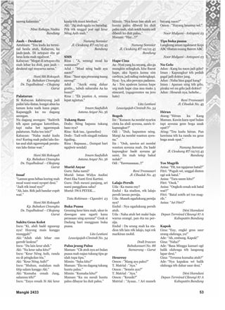 sareng kalamian”
Nina Rahayu Nadéa
Bandung
Jauh – Deukeut
Astahiam: “Teu kudu ka termi-
nal heula atuh, Kabayan, ka
jauh-jauh. Di setopan éta gé
beus kota mah ngaliwat.”
Kabayan: “Megat di setopan éta
mah lebar ku duit, pan jauh –
deukeut ogé mayarna sarua.”
Hani Siti Rokayah
Kp. Babakan Cinangka
Ds. Tegalbuleud – Cikajang
Garut
Palaturan
Si Kabayan kabiruyung jadi
pulisi lalu-lintas, kungsi abus ka
taman kota naék kana pager.
Kapanggih ku nu dagang
asongan.
Nu dagang asongan: “Sadérék
téh apan patugas katertiban,
tapi naha bet ngarempak
palaturan. Naha teu isin?”
Kabayan: “Naha maké kudu
éra? Kuring mah pulisi lalu-lin-
tas asal ulah ngarempak peratu-
ran lalu-lintas waé.”
Hani Siti Rokayah
Kp. Babakan Cinangka
Ds. Tegalbuleud – Cikajang
Garut
Insaf
“Lamun geus bébas kuring mah
moal wani-wani nyopet deui.”
“Jadi rék insaf nya?”
“Ah, lain. Rék jadi bandar copét
waé.”
Hani Siti Rokayah
Kp. Babakan Cinangka
Ds. Tegalbuleud – Cikajang
Garut
Sakitu Geus Kolot
Incu: “Ki, abdi badé nguseup
nya! Hoyong mais kanggo
munggah!”
Aki: “Aduh ulah lebar can
garedé laukna!”
Incu: “Da lain keur abdi.”
Aki: “Na keur saha kitu?”
Incu: “Keur Néng Asih, randa
nu di péngkolan téa.”
Aki: “Keur Néng Asih?”
Incu: “Muhun, malahan mah
titip salam kanggo Aki.”
Aki: “Kumaha cenah Jang,
salamna téh?”
Incu: “Enya cenah Si Aki keur
kasép téh mani béréhan.”
Aki: “Jig atuh ngala nu baradag.
Pék rék unggal poé ogé keur
Néng Asih mah.”
Nunung Samsiar
Jl. Cicukang RT 02/05 45
Bandung
SMS
Rina : "A, weungi moal ka
mamana?"
Adul : "Moal néng badé aya
naon?"
Rina : "Saur apa piwarang tuang
sareng!"
Adul : "Asyik eung dahar
gratis.., tabuh sabaraha Aa ka
bumi?"
Rina : "Éh punten A, smsna
lepat ngintun."
Imam Saefulloh
Astana Anyar No. 56
Tukang Baso
Dodo: Néng bapana tukang
baso nya?
Rina : Kok tau.. (gumeliss)
Dodo : Tadi wéh ningali rodana
tiguling..
Rina : Bapaaaa... (lumpat bari
ngajiwir sendal)
Imam Saefulloh
Astana Anyar No. 56
Murid Anyar
Guru: Saha nami?
Murid: Intan Widya Andini
Putri Eka Yanti Erni Kartini.
Guru: Duh meuni panjang, ari
nami panggilana saha?
Murid: IWA PEYEK....
Tata Rohiman - Ciganitri 23
Buka Puasa
Geuning keur kieu mah, ukur és
dawegan anu ngarti kana
perasaan uing ayeuna!" Ceuk si
Dadang bari nungguan buka
puasa.
Lita Lestiani
Leuwigajah-Cimindi No. 34
Palsu jeung Palsu
Maman: “Cik atuh nya ari bulan
puasa mah najan tukang tipu ge
ulah tupa tipu.”
Mimin: “Saha kitu?”
Maman: “Éta nu dagang tukang
huntu palsu.”
Mimin: “Kumaha kitu?”
Maman: “Ku nu meuli huntu
palsu dibayar ku duit palsu.”
Mimin: “Nya keun bae atuh ari
huntu palsu dibeuli ku duit
palsu mah, ulah sotéh huntu asli
dibeuli ku duit palsu.”
Maman: “Har...!?”
Nunung Samsiar
Jl. Cicukang RT 02/05 45
Bandung
Hape Cina
Aa : Nyai yang ku sayang, aku ga
mungkin selingkuh, kita ibarat
hape, aku hpnya kamu sim
cardnya, jadi saling melengkapi.
Nyai : Iya, aku percaya padamu.
Aa : Teu apaleun lamun hape
urg mah hape cina anu make 3
simcard, (ngagerentes na jero
hate)
Lita Lestiani
Leuwigajah-Cimindi No. 34
Bogoh
Iin : "Kunaon Aa nembé nyarios
cinta ka abdi ayeuna, sanés ti-
kapungkur?"
Odi : "Duh, hapunten néng.
Margi Aa nembé wantun ayeu-
na."
Iin : "Ooh, sawios ari nembé
wantun ayeuna mah. Da badé
kapungkur badé ayeuna gé
sami, Iin mah tetep bakal
nolak!"
Odi : "Eeemaaaaaa..!!"
Reni Tresnasari
Jl. Cibadak No. 45
Lalajo Persib
Uda : Ka mana euy?
Endul : Ka stadion, rék lalajo
persib lawan persija.
Uda : Maneh ngadukung persija
nya?
Endul : Nya ngadukung persib
atuh.
Uda : Naha atuh bet maké baju
warna orangé, pan éta nu per-
sija.
Endul : Da urang mah ka sta-
dion téh lain rék lalajo, tapi rek
markiran mobil.
Dodi Irawan
Babakansari No. 88
Samarang – Garut
Heureuy
Omon : "Mang aya paku?"
T. Matrial : "Aya."
Omon : "Semén aya?"
T. Matrial : "Aya."
Omon : "Keusik?"
Matrial : "Ayaaa.. ! Ari maneh
hayang naon?"
Omon : "Hayang heureuy wé."
Noor Mulyani - Antapani 23
Tips buka puasa
Langkung aman ngaleueut Kopi
ABC tibatan nuang Batere ABC.
Noor Mulyani - Antapani 23
Nu Gelo
Adun : Kang ku naon jadi gélo?
Iman : Kapungkur téh pedah
gagal jadi dokter jang.
Adun : Naha bisa gagal kang?
Iman : Apanan uing téh gélo,
piraku wé nu gélo jadi dokter!
Adun : Heueuh nya, hehehe…
Reni Tresnasari
Jl. Cibadak No. 45
Héran
Atang: “Héran ku Kang
Maman. Kawin kara opat bulan
tapi ayeuna geus boga anak
opat!?”
Ating: “Teu kudu héran. Pan
kawinna téh ka randa nu geus
boga anak opat.”
Nunung Samsiar
Jl. Cicukang RT 02/05 45
Bandung
Tos Magrib
Anisa: “Fit, tos ngajaran batal?”
Fitri: “Puguh wé, unggal dinten
ogé sok batal.”
Anisa: “Tara saum kitu?”
Fitri: “Osok.”
Anisa: “Ongkoh cenah sok batal
waé?”
Fitri: “Batal sotéh ari tos mag-
rib.”
Anisa: “Ari Fitri?”
Déni Hamdani
Depan Terminal Cileunyi 87 A
Kabupatén Bandung
Kapok
Gina: “Euy, engké geus saur
urang olahraga, yu!”
Ade: “Ah, embung. Kapok!”
Gina: “Naha?”
Ade: “Basa Minggu kamari ogé
balik olahraga téh langsung
lapar deui.”
Gina: “Terusna kumaha atuh?”
Ade: “Nya kapaksa wé balik
olahraga téh dahar saur deui.”
Déni Hamdani
Depan Terminal Cileunyi 87 A
Kabupatén Bandung
Manglé 2433 53
 