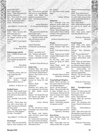 puasa mah wajib?”
Ibro : “Apal uing gé.”
Imam : “Naha atuh puasa bet
dinomer-tilukeun!!”
Ibro : “Enya atuh! Pan nu ka
hiji mah syahadat, kadua
sholat, ka tilu karék Zakat!”
Imam : “Éh heueuh nya…”
Agus Hiftah F - Jl. Cibiru 88
Kuma Karep wé
Dodo : “Ema, baé teu, abdi
buka puasa jam 11?”
Ema : “Lahh!! Karep, najan
rék lebaran ayeuna gé teu
nanaon!!”
Dodo : “Asik!! si ema bageur
euy…”
Meta Melia
Jl. Banteng No. 122
Kabeurangan sakola
Guru : "Iciiihhh! Kunaon atuh
telat?"
Icih : "Teu sawios-wios da bu,
hasil téspékna gé negatip da!"
Guru : ??!!!
Meta Melia
Jl. Banteng No. 122
Lebaran
- “Lebaran ayeuna mah teu
kudu meuli baju ahh.”
+ “Naha?”
- “Ahh… nu taun kamari gé
alus kénéh, tinggal
ngahaneutkeun deui wé...”
Afriliani - Jl. Bima No. 113
Hadiah Puasa
Wa Haji : "Mun manéh tamat
puasa, uwa rék méré hadiah,
yeuh duit keur jalan-jalan ka
francish."
Oon : "Aasyiiiik.. leres ieu téh,
wa?"
Wa Haji : "Bener jang, uwa
mah méré cuma-cuma, tah
engké mun geus aya di francis
rék naon, jang?"
Oon : "Hayang nyium Hajar
Aswad, wa. Tuluy diphoto."
Wa Haji : “Euuuhhh!!”
Agus Hiftah F - Jl. Cibiru 88
Nu Kamari
Guru : "Saha anu emut kénéh,
dugi ka mana pelajaran anu
kamari?"
Ojo : "Atos lah bu, anu atos
mah atos wé, tong diungkit-
ungkit deui. Bahas mah
pelajaran anu ayeuna wé."
Guru : “Ka hareup siiaaahhh
Sojo!!!”
Annisa Mulandari
Jl. Cimanuk 234 Bandung
Modal
+ “Ma, jual wéh mobil téh lah,
paké modal usaha..”
- : “Mobil ti mana ari maneh?”
+ : “Heueuh teuing, mobil
saha wéh jual ku ema, jig..”
- : “Dasar weureu….”
Annisa Mulandari
Jl. Cimanuk 234 Bandung
Katawis
Wiwih : "Aa jomblo nya?"
Odo : "Muhun, naha apal?"
Wiwih : "Katawis wé dina
rarayna, rada nguluwut hehe-
heh…"
Sundara-Ujung Berung 23
Rada Loba
Budakna: “Bah, tadi Ujang
ngojay di balong. Ari pék téh
caina kainum. Batal henteu?”
Bapana: “Nya henteu ari teu
dihaja mah.”
Budakna: “Tapi Bah, nu
kainum ku Ujang téh rada
loba.”
Bapana: “Rada loba
sakumaha?”
Budakna: “Aya jigana kira-
kira sagelaseun nu sok biasa
ku Abah dipaké ninyuh
cikopi.”
Bapana: “Ari Ujang? Éta mah
lain kainum tapi dihaja di-
inum. Batal atuh selud!
Anissa - Subang
Lebar
Iis: “Da, kira-kirana lamun
bobogohan keur puasa batal
henteu?”
Ida: “Sigana mah henteu,
ngan meureun matak hapa
kana puasana.”
Iis: “Lamun kitu mah kuring
rék eureun heula ah bobogo-
han téh, kajeun bulan Sawal
diteruskeun deui.”
Ida: “Naha?”
Iis: “Pan lebar. Sieun matak
hapa.”
Anissa - Subang
Géhgeran
Oni : "Kabogoh uing mah
gehgeran, piraku diajak non-
ton pilem drama india, kalah
pipilueun méwék."
Unang : "Komo kabogoh uing,
nonton pilem Titanic balikna
ooroloan utah majarkeun téh
mabok laut cenah."
Sundara-Ujung Berung 23
Piraku
Pa RT: “Kunaon teu puasa?”
Ujang: “Numawi nuju nyeri
huntu.”
Pa RT: “Lain ubaran atuh ka
dokter”
Ujang: “Puguh ieu gé nembé
wangsul dilandongan ti dok-
ter héwan.”
Pa RT: “Har, naha nyeri
huntu bet jig-jig ka dokter
héwan?”
Ujang: “Margi cenah anu
ngalantarankeun nyeri
huntuna ogé ulam.”
Izzul
Komplek Vijaya Kusuma
Cipadung - Bandung
Tong Sadéngé-Déngéna
Baban: “Bener geuning, ari
keur puasa mah teu meunang
sok sadéngé-déngéna.”
Yuyun: “Ari kitu kumaha?”
Baban: “Basa uing balik ulin,
di dapur kadéngé sora nu
susuruputan. Ditoong téh adi
uing nu bungsu keur ngada-
har emih bangun nimat
naker.”
Yuyun: “Terus kumaha?”
Baban: “Jadi kabita, kapaksa
wé ngasaan saeutik.”
Izzul
Komplek Vijaya Kusuma
Cipadung - Bandung
Keur Puasa
Abah: "Dupi Cép Ogin resep
ka istri téh modél nu
kumaha?"
Ogin: "Aaah..Ogin mah teu
muluk-muluk Bah, nu geulis
manis nu hérang méncrang gé
cekap."
Abah: "Dupi Jang Onyon?"
Onyon: "Onyon gé sami Bah
teu néko-néko, yang penting
cantik camperenik atanapi nu
dénok montok!"
Ogin: "Dupi Abah?"
Abah: "Abah mah ka nu geulis
teu pati ka nu dénok teu
moho."
Onyon: "Naha Bah?"
Abah: "Keur puasa, Sawal
mah ulah dibéakeun euy!"
Féndy Sy. Citrawarga,
Bandung
Parab Naraka
Anak: "Mah, naha jalma-
jalma kagak barang dahar
nya?"
Mamah: "Pan Ramadan,
Jang!"
Anak: "Na aya maksadna?"
Mamah: "Nya aya, nyatana
sangkan jalma-jalma pada
takwa."
Anak: "Naha Aa mah katara
barang dahar dalam kamar-
nya. Katanya jangan balaka ka
Mamah atawa ka Bapa bahwa
Aa makan-makan can
mangsana. Awas, katanya,
ngancam Jajang Mah."
Mamah: "Tah Aa mah jalma
sasab, kagak takwa, parab
naraka!"
Féndy Sy. Citrawarga,
Bandung
Bété Nyanghareupan
Lebaran
Iteung: "Ari bulan puasa téh
Iteung mah sok bété Ambu.
Naon ubarna nya?"
Ambu: "Naon bété téh?"
Iteung: "Bété téh parusing
mikiran lebaran."
Ambu: "Oh, gampang atuh
Teung. Ubarna ku bata atawa
batu."
Iteung: "Dikumahakeun
Ambu?"
Ambu: "Bata atawa batu téh
dikumpulkeun, geus loba, jual
ka nu butuheun. Boga bati tah
keur lebaran!"
Iteung: "Cihuy!"
Féndy Sy. Citrawarga,
Bandung
Manglé 2434 53
 