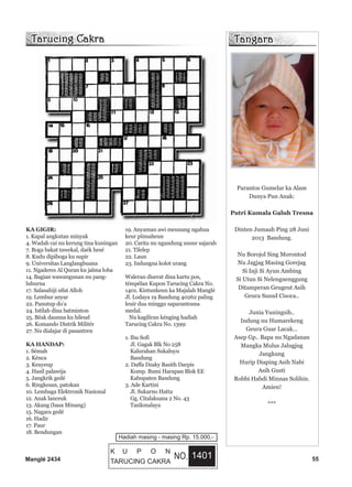 Manglé 2434 55
KA GIGIR:
1. Kapal angkutan minyak
4. Wadah cai nu kerung tina kuningan
7. Boga bakat tawekal, daék hesé
8. Kudu dipiboga ku supir
9. Universitas Langlangbuana
11. Ngaderes Al Quran ku jalma loba
14. Bagian wawangunan nu pang-
luhurna
17. Salasahiji sifat Alloh
19. Lembur anyar
22. Panutup do’a
24. Istilah dina batminton
25. Béak daunna ku hileud
26. Komando Distrik Militér
27. Nu dialajar di pasantren
KA HANDAP:
1. Sémah
2. Kénca
3. Keuyeup
4. Hasil palawija
5. Jangkrik gedé
6. Ringkesan, patokan
10. Lembaga Elektronik Nasional
12. Anak lanceuk
13. Akang (basa Minang)
15. Nagara gedé
16. Hadir
17. Paur
18. Bendungan
19. Anyaman awi meunang ngahua
keur piimaheun
20. Carita nu ngandung unsur sajarah
21. Tilelep
22. Laun
23. Indungna kolot urang
Waleran diserat dina kartu pos,
témpélan Kupon Tarucing Cakra No.
1401. Kintunkeun ka Majalah Manglé
Jl. Lodaya 19 Bandung 40262 paling
leuir dua minggu saparantosna
medal.
Nu kagiliran kénging hadiah
Tarucing Cakra No. 1399:
1. Ibu Sofi
Jl. Gagak Blk No 258
Kalurahan Sukaluyu
Bandung
2. Daffa Dzaky Basith Darpis
Komp. Bumi Harapan Blok EE
Kabupaten Bandung
3. Ade Kartini
Jl. Sukarno Hatta
Gg. Citalaksana 2 No. 43
Tasikmalaya
1401
K U P O N
TARUCING CAKRA
NO.
Hadiah masing - masing Rp. 15.000,-
Parantos Gumelar ka Alam
Dunya Pun Anak:
Putri Kumala Galuh Tresna
Dinten Jumaah Ping 28 Juni
2013 Bandung.
Nu Borojol Sing Morontod
Nu Jagjag Masing Gorejag
Si Inji Si Ayun Ambing
Si Utun Si Nelengnenggung
Ditamperan Geugeut Asih
Geura Susud Cisoca..
Junia Yuningsih..
Indung nu Humarekeng
Geura Guar Lacak...
Asep Gp.. Bapa nu Ngadanan
Mangka Mulus Jalugjug
Jangkung
Hurip Diaping Asih Nabi
Asih Gusti
Robbi Habdi Minnas Solihin.
Amien!
***
 