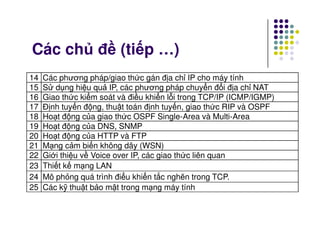 Các ch đ (ti p …)
14 Các phương pháp/giao th c gán đ a ch IP cho máy tính
15 S d ng hi u qu IP, các phương pháp chuy n đ i đ a ch NAT
16 Giao th c ki m soát và đi u khi n l i trong TCP/IP (ICMP/IGMP)
17 Đ nh tuy n đ ng, thu t toán đ nh tuy n, giao th c RIP và OSPF
18 Ho t đ ng c a giao th c OSPF Single-Area và Multi-Area
19 Ho t đ ng c a DNS, SNMP19 Ho t đ ng c a DNS, SNMP
20 Ho t đ ng c a HTTP và FTP
21 M ng c m bi n không dây (WSN)
22 Gi i thi u v Voice over IP, các giao th c liên quan
23 Thi t k m ng LAN
24 Mô ph ng quá trình đi u khi n t c ngh n trong TCP.
25 Các k thu t b o m t trong m ng máy tính
 