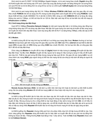 Hình dưới là card FL1000T 10/100/1000Mbps Gigabit Adapter, nó là card mạng theo chuẩn Gigabit dùng đầu
nối RJ45 truyền trên môi trường cáp UTP cat 5. Card này cung cấp đường truyền với băng thông lớn và tương thích
với card PCI 64 và 32 bit đồng thời nó cũng hỗ trợ cả hai cơ chế truyền full/half duplex trên cả ba loại băng thông
10/100/1000 Mbps.

    Hình dưới là card mạng không dây WL11A 11Mbps Wireless PCMCIA LAN Card, card này giao tiếp với máy
theo chuẩn PCMCIA nên khi sử dụng cho PC chúng ta phải dùng thêm card chuyển đổi từ PCI sang PCMCIA. Card
được thiết kế theo chuẩn IEEE802.11b ở dải tần 2.4GHz ISM, dùng cơ chế CSMA/CA để xử lý đụng độ, băng
thông của card là 11Mbps, có thể mã hóa 64 và 128 bit. Đặc biệt card này hỗ trợ cả hai kiến trúc kết nối mạng là
Infrastructure và AdHoc.
IV.2. Card mạng dùng cáp điện thoại.
    Card HP10 10Mbps Phoneline Network Adapter là một card mạng đặc biệt vì nó không dùng cáp đồng trục
cũng không dùng cáp UTP mà dùng cáp điện thoại. Một đặc tính quan trọng của card này là truyền số liệu song song
với truyền âm thanh trên dây điện thoại. Card này dùng đầu kết nối RJ11 và băng thông 10Mbps, chiều dài cáp có thể
dài đến gần 300m.

IV.3. Modem.
    Là thiết bị dùng để nối hai máy tính hay hai thiết bị ở xa thông qua mạng điện thoại. Modem thường có hai loại:
internal (là loại được gắn bên trong máy tính giao tiếp qua khe cắm ISA hoặc PCI), external (là loại thiết bị đặt bên
ngoài CPU và giao tiếp với CPU thông qua cổng COM theo chuẩn RS-232). Cả hai loại trên đều có cổng giao tiếp
RJ11 để nối với dây điện thoại.

    Chức năng của Modem là chuyển đổi tín hiệu số (digital) thành tín hiệu tương tự (analog) để truyền dữ liệu trên
dây điện thoại. Tại đầu nhận, Modem chuyển dữ liệu ngược lại từ dạng tín hiệu tương tự sang tín hiệu số để truyền
vào máy tính. Thiết bị này giá tương đối thấp nhưng mang lại hiệu quả rất lớn. Nó giúp nối các mạng LAN ở xa với
nhau thành các mạng WAN, giúp người dùng có thể hòa vào mạng nội bộ của công ty một cách dễ dàng dù người đó
ở nơi nào.




         Hình - Mô hình truyền dữ liệu thông qua Modem.

   Remote Access Services (RAS): là một dịch vụ mềm trên một máy tính hoặc là một dịch vụ trên thiết bị phần
cứng. Nó cho phép dùng Modem để nối kết hai mạng LAN với nhau hoặc một máy tính vào mạng nội bộ.

IV.4. Repeater.
    Là thiết bị dùng để khuếch đại tín hiệu trên các đoạn cáp dài. Khi truyền dữ liệu trên các đoạn cáp dài tín hiệu
điện sẽ yếu đi, nếu chúng ta muốn mở rộng kích thước mạng thì chúng ta dùng thiết bị này để khuếch đại tín hiệu và
truyền đi tiếp. Nhưng chúng ta chú ý rằng thiết bị này hoạt động ở lớp vật lý trong mô hình OSI, nó chỉ hiểu tín
hiệu điện nên không lọc được dữ liệu ở bất kỳ dạng nào, và mỗi lần khuếch đại các tín hiệu điện yếu sẽ bị sai do đó
nếu cứ tiếp tục dùng nhiều Repeater để khuếch đại và mở rộng kích thước mạng thì dữ liệu sẽ ngày càng sai lệch.
IV.5. Hub.
    Là thiết bị giống như Repeater nhưng nhiều port hơn cho phép nhiều máy tính nối tập trung về thiết bị này. Các
chức năng giống như Repeater dùng để khuếch đại tín hiệu điện và truyền đến tất cả các port còn lại đồng thời
không lọc được dữ liệu. Thông thường Hub hoạt động ở lớp 1 (lớp vật lý). Toàn bộ Hub (hoặc Repeater) được xem
là một Collision Domain.
                                                          19
 