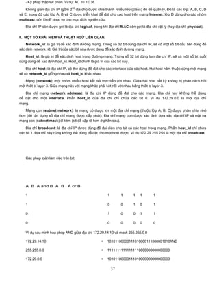 - Ký pháp thập lục phân. Ví dụ: AC 10 1E 38.
                                  32
    Không gian địa chỉ IP (gồm 2 địa chỉ) được chia thành nhiều lớp (class) để dễ quản lý. Đó là các lớp: A, B, C, D
và E; trong đó các lớp A, B và C được triển khai để đặt cho các host trên mạng Internet; lớp D dùng cho các nhóm
multicast; còn lớp E phục vụ cho mục đích nghiên cứu.

    Địa chỉ IP còn được gọi là địa chỉ logical, trong khi địa chỉ MAC còn gọi là địa chỉ vật lý (hay địa chỉ physical).


II. MỘT SỐ KHÁI NIỆM VÀ THUẬT NGỮ LIÊN QUAN.
    Network_id: là giá trị để xác định đường mạng. Trong số 32 bit dùng địa chỉ IP, sẽ có một số bit đầu tiên dùng để
xác định network_id. Giá trị của các bit này được dùng để xác định đường mạng.
   Host_id: là giá trị để xác định host trong đường mạng. Trong số 32 bit dùng làm địa chỉ IP, sẽ có một số bit cuối
cùng dùng để xác định host_id. Host_id chính là giá trị của các bit này.
    Địa chỉ host: là địa chỉ IP, có thể dùng để đặt cho các interface của các host. Hai host nằm thuộc cùng một mạng
sẽ có network_id giống nhau và host_id khác nhau.
    Mạng (network): một nhóm nhiều host kết nối trực tiếp với nhau. Giữa hai host bất kỳ không bị phân cách bởi
một thiết bị layer 3. Giữa mạng này với mạng khác phải kết nối với nhau bằng thiết bị layer 3.

   Địa chỉ mạng (network address): là địa chỉ IP dùng để đặt cho các mạng. Địa chỉ này không thể dùng
để đặt cho một interface. Phần host_id của địa chỉ chỉ chứa các bit 0. Ví dụ 172.29.0.0 là một địa chỉ
mạng.

   Mạng con (subnet network): là mạng có được khi một địa chỉ mạng (thuộc lớp A, B, C) được phân chia nhỏ
hơn (để tận dụng số địa chỉ mạng được cấp phát). Địa chỉ mạng con được xác định dựa vào địa chỉ IP và mặt nạ
mạng con (subnet mask) đi kèm (sẽ đề cập rõ hơn ở phần sau).

    Địa chỉ broadcast: là địa chỉ IP được dùng để đại diện cho tất cả các host trong mạng. Phần host_id chỉ chứa
các bit 1. Địa chỉ này cũng không thể dùng để đặt cho một host được. Ví dụ 172.29.255.255 là một địa chỉ broadcast.




    Các phép toán làm việc trên bit:




    Phép AND                                                                 Phép OR

    A B A and B A B            A or B

    1                                                    1        1      1    1       1

    1                                                    0        0      1    0       1

    0                                                    1        0      0    1       1

    0                                                    0        0      0    0       0

    Ví dụ sau minh hoạ phép AND giữa địa chỉ 172.29.14.10 và mask 255.255.0.0

    172.29.14.10                                    =   10101100000111010000111000001010AND

    255.255.0.0                                     =   11111111111111110000000000000000

    172.29.0.0                                      =   10101100000111010000000000000000

                                                             37
 