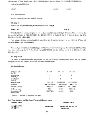 một mạng lớp B. Ví dụ, đối với mạng 172.29.0.0 thì các địa chỉ host hợp lệ là từ 172.29.0.1 đến 172.29.255.254.
    moãi maïng chöùa 65534 host


    network                                                          network           network


    16384 maïng khaùc nhau

    Hình 3.2 - Mô tả các mạng lớp B kết nối với nhau


    III.3. Lớp C.
    Dành ba byte cho phần network_id và một byte cho phần host_id.

    network_id                                                                       host_id

    Byte đầu tiên luôn bắt đầu bằng ba bit 110 và dạng nhị phân của octet này là 110xxxxx. Như vậy những địa
chỉ nằm trong khoảng từ 192 (11000000) đến 223 (11011111) sẽ thuộc về lớp C. Ví dụ một địa chỉ lớp C là
203.162.41.235 (192 < 203 < 223).
                                                                                                           21
   Phần network_id dùng ba byte hay 24 bit, trừ đi 3 bit làm ID của lớp, còn lại 21 bit hay 2.097.152 (2 ) địa chỉ
mạng (từ 192.0.0.0 đến 223.255.255.0).


                                            8
    Phần host_id dài một byte cho 256 (2 ) giá trị khác nhau. Trừ đi hai trường hợp đặc biệt ta còn 254 host khác
nhau trong một mạng lớp C. Ví dụ, đối với mạng 203.162.41.0, các địa chỉ host hợp lệ là từ 203.162.41.1 đến
203.162.41.254.


    III.4. Lớp D và E.
   Các địa chỉ có byte đầu tiên nằm trong khoảng 224 đến 255 là các địa chỉ thuộc lớp D hoặc E. Do các lớp này
không phục vụ cho việc đánh địa chỉ các host nên không trình bày ở đây.


    III.5. Bảng tổng kết.

    Lớp A                                                                  Lớp B            Lớp C
    Giá trị của byte                                      0 - 127          128 - 191       192 - 223
    đầu tiên
    Số byte phần                                              1                2               3
    Network_id
    Số byte phần                                              3                2               1
    Host_id
    Network mask                                         255.0.0.0     255.255.0.0  255.255.255.0
    Broadcast                                          XX.255.255.255 XX.XX.255.255 XX.XX.XX.255
    Network Address                                      XX.0.0.0      XX.XX.0.0     XX.XX.XX.0
    Số đường mạng                                          128           16.384       2.097.152
    Số host trên mỗi                                    16.777.214       65.534         254
    đường mạng

    * Ghi chú: XX là số bất kỳ trong miền cho phép.


III.6. Ví dụ cách triển khai đặt địa chỉ IP cho một hệ thống mạng.
    Maïng 192.168.1.0                                                              Maïng 192.168.2.0

    Maïng 192.168.3.0
    192.168.1.5                                         192.168.1.6            192.168.2.5 192.168.2.6
    192.168.3.2
    192.168.1.1                                                                 192.168.2.1

                                                         39
 