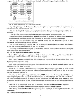 trong phần lớn các lần truyền thì không có header của lớp 5, 6, 7 lý do là không có thông tin mới để trao đổi.




    Các dữ liệu tại máy gửi được xử lý theo trình tự như sau:

   - Người dùng thông qua lớp Application để đưa các thông tin vào máy tính. Các thông tin này có nhiều dạng
khác nhau như: hình ảnh, âm thanh, văn bản…
    - Tiếp theo các thông tin đó được chuyển xuống lớp Presentation để chuyển thành dạng chung, rồi mã hoá và
nén dữ liệu.
      - Tiếp đó dữ liệu được chuyển xuống lớp Session để bổ sung các thông tin về phiên giao dịch này.
    - Dữ liệu tiếp tục được chuyển xuống lớp Transport, tại lớp này dữ liệu được cắt ra thành nhiều Segment và
    bổ sung thêm các thông tin về phương thức vận chuyển dữ liệu để đảm bảo độ tin cậy khi truyền.
    - Dữ liệu tiếp tục được chuyển xuống lớp Network, tại lớp này mỗi Segment được cắt ra thành
nhiều Packet và bổ sung thêm các thông tin định tuyến.
    - Tiếp đó dữ liệu được chuyển xuống lớp Data Link, tại lớp này mỗi Packet sẽ được cắt ra thành nhiều Frame và
bổ sung thêm các thông tin kiểm tra gói tin (để kiểm tra ở nơi nhận).
    - Cuối cùng, mỗi Frame sẽ được tầng Vật Lý chuyển thành một chuỗi các bit, và được đẩy lên các phương tiện
truyền dẫn để truyền đến các thiết bị khác.
II.2. Quá trình truyền dữ liệu từ máy gửi đến máy nhận.
    Bước 1: Trình ứng dụng (trên máy gửi) tạo ra dữ liệu và các chương trình phần cứng, phần mềm cài đặt mỗi lớp
sẽ bổ sung vào header và trailer (quá trình đóng gói dữ liệu tại máy gửi).
    Bước 2: Lớp Physical (trên máy gửi) phát sinh tín hiệu lên môi trường truyền tải để truyền dữ liệu. Bước 3: Lớp

Physical (trên máy nhận) nhận dữ liệu.

     Bước 4: Các chương trình phần cứng, phần mềm (trên máy nhận) gỡ bỏ header và trailer và xử lý phần dữ
liệu (quá trình xử lý dữ liệu tại máy nhận).

   Giữa bước 1 và bước 2 là quá trình tìm đường đi của gói tin. Thông thường, máy gửi đã biết địa chỉ IP của máy
nhận. Vì thế, sau khi xác định được địa chỉ IP của máy nhận thì lớp Network của máy gửi sẽ so sánh địa chỉ IP của
máy nhận và địa chỉ IP của chính nó:
    -Nếu cùng địa chỉ mạng thì máy gửi sẽ tìm trong bảng MAC Table của mình để có được địa chỉ MAC của máy
nhận. Trong trường hợp không có được địa chỉ MAC tương ứng, nó sẽ thực hiện giao thức ARP để truy tìm địa chỉ
MAC. Sau khi tìm được địa chỉ MAC, nó sẽ lưu địa chỉ MAC này vào trong bảng MAC Table để lớp Datalink sử dụng
ở các lần gửi sau. Sau khi có địa chỉ MAC thì máy gửi sẽ gởi gói tin đi (giao thức ARP sẽ được nói thêm trong chương
6).
    - Nếu khác địa chỉ mạng thì máy gửi sẽ kiểm tra xem máy có được khai báo Default Gateway hay không.
    + Nếu có khai báo Default Gateway thì máy gửi sẽ gởi gói tin thông qua Default Gateway.
   + Nếu không có khai báo Default Gateway thì máy gởi sẽ loại bỏ gói tin và thông báo "Destination host
Unreachable"
II.3. Chi tiết quá trình xử lý tại máy nhận

                                                           9
 