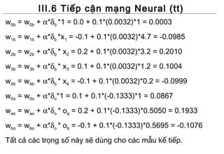 III.6 Tiếp cận mạng Neural (tt)
w0b = w0b + α*δb *1 = 0.0 + 0.1*(0.0032)*1 = 0.0003
w1b = w1b + α*δb *x1 = -0.1 + 0.1*(0.0032)*4.7 = -0.0985
w2b = w2b + α*δb * x2 = 0.2 + 0.1*(0.0032)*3.2 = 0.2010
w3b = w3b + α*δb * x3 = 0.1 + 0.1*(0.0032)*1.2 = 0.1004
w4b = w4b + α*δb * x4 = -0.1 + 0.1*(0.0032)*0.2 = -0.0999
w0o = w0o + α*δo*1 = 0.1 + 0.1*(-0.1333)*1 = 0.0867
wao = wao + α*δo * oa = 0.2 + 0.1*(-0.1333)*0.5050 = 0.1933
wbo = wbo + α*δo * ob = -0.1 + 0.1*(-0.1333)*0.5695 = -0.1076
Tất cả các trọng số này sẽ dùng cho các mẫu kế tiếp.
 