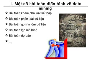 I. Một số bài toán điển hình về data
                  mining
 Bài toán khám phá luật kết hợp
 Bài toán phân loại dữ liệu
 Bài toán gom nhóm dữ liệu
 Bài toán lập mô hình
 Bài toán dự báo
…
 