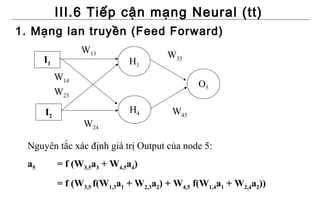 III.6 Tiếp cận mạng Neural (tt)
1. Mạng lan truyền (Feed Forward)
                 W13                    W35
      I1                      H3
           W14
                                                O5
           W23

      I2                      H4         W45
                 W24

 Nguyên tắc xác định giá trị Output của node 5:
 a5        = f (W3,5a3 + W4,5a4)
           = f (W3,5 f(W1,3a1 + W2,3a2) + W4,5 f(W1,4a1 + W2,4a2))
 
