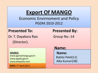 Export Of MANGO
          Economic Envirnoment and Policy
                           PGDM 2010-2012

Presented To:                      Presented By:
Dr. T. Dayakara Rao                 Group No.-14
   (Director).
                                    Name:
 SOURCE:                             Name:
                                    Babita Patel(11)
 www.agriexchange.gov.in
                                     Babita Patel(11)
 www.apeda.gov.in                   Alka Kumari(38)
                                     Alka Kumari(38)
 www.wikipedia.com
 DATE: 7th April,2011.
 Date: 7th April, 2011.
 