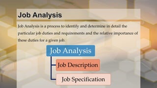 Job Analysis is a process to identify and determine in detail the
particular job duties and requirements and the relative importance of
these duties for a given job.
Job Analysis
Job Description
Job Specification
 