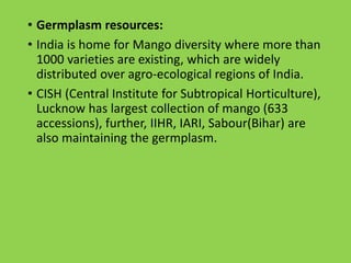 • Germplasm resources:
• India is home for Mango diversity where more than
1000 varieties are existing, which are widely
distributed over agro-ecological regions of India.
• CISH (Central Institute for Subtropical Horticulture),
Lucknow has largest collection of mango (633
accessions), further, IIHR, IARI, Sabour(Bihar) are
also maintaining the germplasm.
 