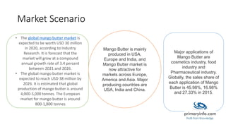 Market Scenario
• The global mango butter market is
expected to be worth USD 30 million
in 2020, according to Industry
Research. It is forecast that the
market will grow at a compound
annual growth rate of 3.4 percent
between 2021 and 2026.
• The global mango butter market is
expected to reach USD 38 million by
2026. It is estimated that global
production of mango butter is around
4,000-5,000 tonnes. The European
market for mango butter is around
800-1,800 tonnes
Mango Butter is mainly
produced in USA,
Europe and India, and
Mango Butter market is
now attractive for
markets across Europe,
America and Asia. Major
producing countries are
USA, India and China.
Major applications of
Mango Butter are
cosmetics industry, food
industry and
Pharmaceutical industry.
Globally, the sales share of
each application of Mango
Butter is 45.98%, 16.98%
and 27.33% in 2015.
 