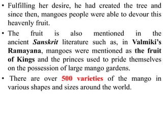 • Fulfilling her desire, he had created the tree and
since then, mangoes people were able to devour this
heavenly fruit.
• The fruit is also mentioned in the
ancient Sanskrit literature such as, in Valmiki’s
Ramayana, mangoes were mentioned as the fruit
of Kings and the princes used to pride themselves
on the possession of large mango gardens.
• There are over 500 varieties of the mango in
various shapes and sizes around the world.
 