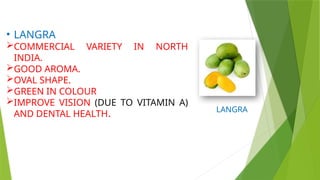 • LANGRA
COMMERCIAL VARIETY IN NORTH
INDIA.
GOOD AROMA.
OVAL SHAPE.
GREEN IN COLOUR
IMPROVE VISION (DUE TO VITAMIN A)
AND DENTAL HEALTH.
LANGRA
 