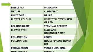EDIBLE PART MESOCARP
NATURE CLIMATERIC
FRUIT TYPE DRUPE
FLOWER COLOUR WHITE,YELLOW,PINKISH
OR RED
BEARING HABIT TERMINAL BEARING
FLOWER TYPE MALE AND
HERMOPHRODITE
POLLINATION CROSS
POLLINATORS HOUSE FLY AND HONEY
BEE
PROPAGATION VENEER GRAFTING
 