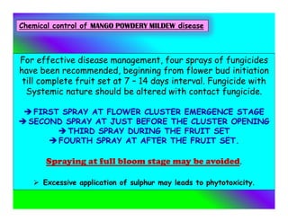 For effective disease management, four sprays of fungicides
have been recommended, beginning from flower bud initiation
till complete fruit set at 7 – 14 days interval. Fungicide with
Systemic nature should be altered with contact fungicide.
 FIRST SPRAY AT FLOWER CLUSTER EMERGENCE STAGE
 SECOND SPRAY AT JUST BEFORE THE CLUSTER OPENING
 THIRD SPRAY DURING THE FRUIT SET
 FOURTH SPRAY AT AFTER THE FRUIT SET.
Spraying at full bloom stage may be avoided.
 Excessive application of sulphur may leads to phytotoxicity.
Chemical control of MANGO POWDERY MILDEW disease
 