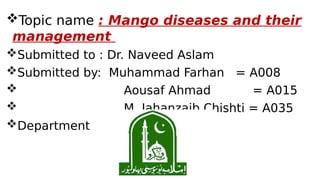 Topic name : Mango diseases and their
management
Submitted to : Dr. Naveed Aslam
Submitted by: Muhammad Farhan = A008
 Aousaf Ahmad = A015
 M. Jahanzaib Chishti = A035
Department of: UCA&ES
 