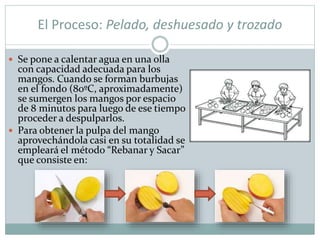 El Proceso: Pelado, deshuesado y trozado
 Se pone a calentar agua en una olla
con capacidad adecuada para los
mangos. Cuando se forman burbujas
en el fondo (80ºC, aproximadamente)
se sumergen los mangos por espacio
de 8 minutos para luego de ese tiempo
proceder a despulparlos.
 Para obtener la pulpa del mango
aprovechándola casi en su totalidad se
empleará el método “Rebanar y Sacar”
que consiste en:
 