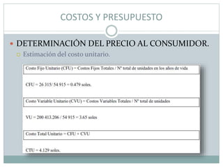 COSTOS Y PRESUPUESTO
 DETERMINACIÓN DEL PRECIO AL CONSUMIDOR.
 Estimación del costo unitario.
 