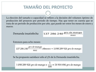 TAMAÑO DEL PROYECTO
La elección del tamaño o capacidad se refiere a la decisión del volumen óptimo de
producción del proyecto por periodo de tiempo. Hay que tener en cuenta que se
trata de un periodo de producción por año, que puede ser entre los meses de enero y
marzo.
Demanda insatisfecha
Entonces para ocho meses:
Se ha propuesto satisfacer sólo al 5% de la Demanda insatisfecha.
 