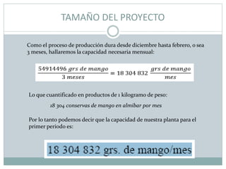 TAMAÑO DEL PROYECTO
Como el proceso de producción dura desde diciembre hasta febrero, o sea
3 meses, hallaremos la capacidad necesaria mensual:
Lo que cuantificado en productos de 1 kilogramo de peso:
18 304 conservas de mango en almíbar por mes
Por lo tanto podemos decir que la capacidad de nuestra planta para el
primer periodo es:
 