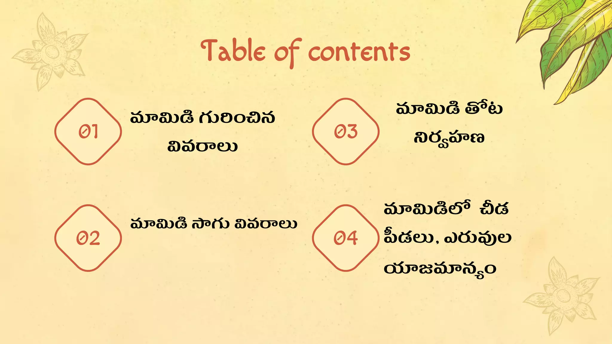 Table of contents
మామిడి గురంచిన
వివరాలు
మామిడి సాగు వివరాలు
మామిడి తోట
నిరవహణ
మామిడిలో చీడ
పీడలు, ఎరువల
యాజమానయం
01
02
03
04
 