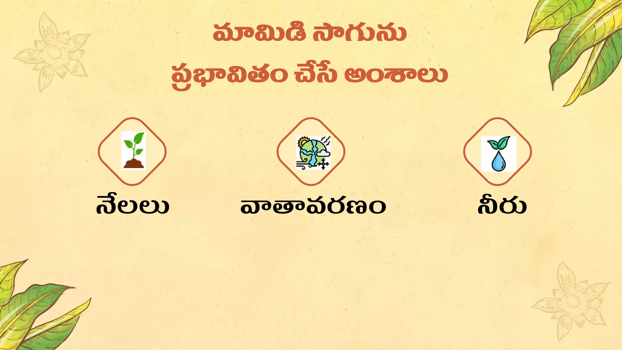 మామిడి సాగును
ప్
ర భావితం చేసే అంశాలు
నేలలు వాతావరణం నీరు
 