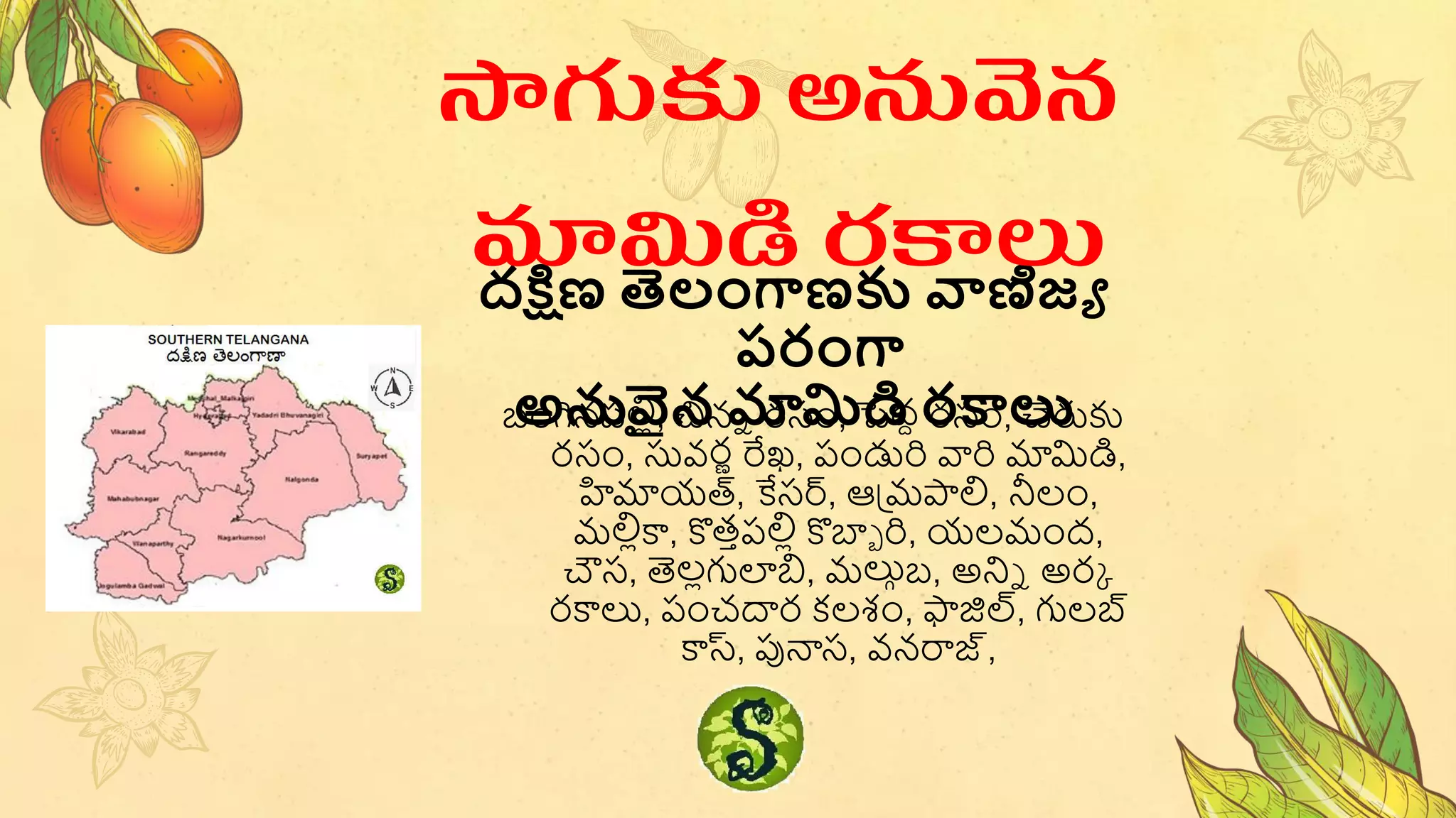 దక్షిణ తెలంగాణకు వాణిజ్య
పరంగా
అనువైన మామిడి రకాలు
సాగుకు అనువన
మామిడి రకాలు
బ్ంగినపలిల, చినే రసం, పెద్ద రసం, చెరుకు
రసం, సువరణ రేఖ, పండురి వారి మామిడి,
హమాయత్, కేసర్, ఆప్మాలి, నీలం,
మలిలకా, కొత్ాపలిల కొబాా రి, యలమంద్,
చౌస, తెలలగులబి, మలుగబ్, అనిే అరు
రకాలు, పంచదార కలశం, ఫాజిల్, గులబ్
కాస్, పున్యస, వనరాజ్,
 