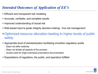 Intended Outcomes of Application of EE’s
 Efficient and transparent risk modeling
 Accurate, verifiable, and complete results
 Improved understanding of actual risk
 Risk-based input to guide integrity decision-making: true risk management

 Optimized resource allocation leading to higher levels of public
safety
 Appropriate level of standardization facilitating smoother regulatory audits
- Does not stifle creativity
- Does not dictate all aspects of the process
- Avoids need for (high-overhead) prescriptive documentation

 Expectations of regulators, the public, and operators fulfilled

© Det Norske Veritas AS. All rights reserved.

20

 
