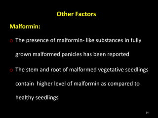 Other Factors
Malformin:
o The presence of malformin- like substances in fully
grown malformed panicles has been reported
o The stem and root of malformed vegetative seedlings
contain higher level of malformin as compared to
healthy seedlings
14
 