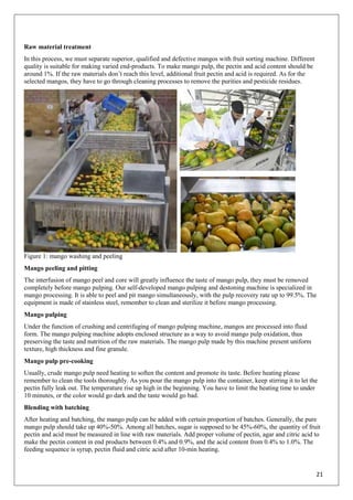 21
Raw material treatment
In this process, we must separate superior, qualified and defective mangos with fruit sorting machine. Different
quality is suitable for making varied end-products. To make mango pulp, the pectin and acid content should be
around 1%. If the raw materials don‘t reach this level, additional fruit pectin and acid is required. As for the
selected mangos, they have to go through cleaning processes to remove the purities and pesticide residues.
Figure 1: mango washing and peeling
Mango peeling and pitting
The interfusion of mango peel and core will greatly influence the taste of mango pulp, they must be removed
completely before mango pulping. Our self-developed mango pulping and destoning machine is specialized in
mango processing. It is able to peel and pit mango simultaneously, with the pulp recovery rate up to 99.5%. The
equipment is made of stainless steel, remember to clean and sterilize it before mango processing.
Mango pulping
Under the function of crushing and centrifuging of mango pulping machine, mangos are processed into fluid
form. The mango pulping machine adopts enclosed structure as a way to avoid mango pulp oxidation, thus
preserving the taste and nutrition of the raw materials. The mango pulp made by this machine present uniform
texture, high thickness and fine granule.
Mango pulp pre-cooking
Usually, crude mango pulp need heating to soften the content and promote its taste. Before heating please
remember to clean the tools thoroughly. As you pour the mango pulp into the container, keep stirring it to let the
pectin fully leak out. The temperature rise up high in the beginning. You have to limit the heating time to under
10 minutes, or the color would go dark and the taste would go bad.
Blending with batching
After heating and batching, the mango pulp can be added with certain proportion of batches. Generally, the pure
mango pulp should take up 40%-50%. Among all batches, sugar is supposed to be 45%-60%, the quantity of fruit
pectin and acid must be measured in line with raw materials. Add proper volume of pectin, agar and citric acid to
make the pectin content in end products between 0.4% and 0.9%, and the acid content from 0.4% to 1.0%. The
feeding sequence is syrup, pectin fluid and citric acid after 10-min heating.
 