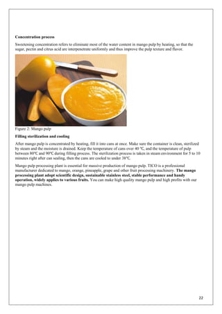 22
Concentration process
Sweetening concentration refers to eliminate most of the water content in mango pulp by heating, so that the
sugar, pectin and citrus acid are interpenetrate uniformly and thus improve the pulp texture and flavor.
Figure 2: Mango pulp
Filling sterilization and cooling
After mango pulp is concentrated by heating, fill it into cans at once. Make sure the container is clean, sterilized
by steam and the moisture is drained. Keep the temperature of cans over 40 ℃, and the temperature of pulp
between 80℃ and 90℃ during filling process. The sterilization process is taken in steam environment for 5 to 10
minutes right after can sealing, then the cans are cooled to under 38℃.
Mango pulp processing plant is essential for massive production of mango pulp. TICO is a professional
manufacturer dedicated to mango, orange, pineapple, grape and other fruit processing machinery. The mango
processing plant adopt scientific design, sustainable stainless steel, stable performance and handy
operation, widely applies to various fruits. You can make high quality mango pulp and high profits with our
mango pulp machines.
 