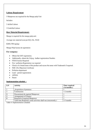31
Labour Requirement
5 Manpower are required for the Mango pulp Unit
Includes:
2 skilled Labour
3 Unskilled Labour
Raw Material Requirement:
Mango is required for the mango pulp unit:
Average raw material (cost per KG) :Rs. 50-60
KMS (700 mg/kg)
Mango Pulp license & registration
For company:
 Obtain the GST registration.
 Additionally, obtain the Udyog Aadhar registeration Number.
 FSSAI license Required
 Fire / pollution Registration vas required
 Choice of a brand name of the product and secure the name with Trademark if required.
 NOC (No Objection Certificate
 Pollution department
 Land – permit registeration
 APEDA
 Patent
Implementation schedule :
S.N Activity Time required
( in months )
1 Acquisition of premises 1
2 Construction 1-2 months
3 Procurement & required Manpower 1
4 Arrangement of Finance 1
5 Required of required Manpower 1
Total time Required ( some activities shall run concurrently ) 2-3 months
Table 8: Implementation schedule
 