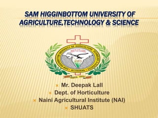 SAM HIGGINBOTTOM UNIVERSITY OF
AGRICULTURE,TECHNOLOGY & SCIENCE
 Mr. Deepak Lall
 Dept. of Horticulture
 Naini Agricultural Institute (NAI)
 SHUATS
 