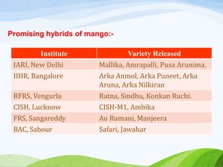 Promising hybrids of mango:-
Institute Variety Released
IARI, New Delhi Mallika, Amrapalli, Pusa Arunima.
IIHR, Bangalore Arka Anmol, Arka Puneet, Arka
Aruna, Arka Nilkiran
RFRS, Vengurla Ratna, Sindhu, Konkan Ruchi.
CISH, Lucknow CISH-M1, Ambika
FRS, Sangareddy Au Rumani, Manjeera
BAC, Sabour Safari, Jawahar
 