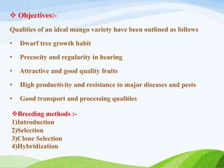  Objectives:-
Qualities of an ideal mango variety have been outlined as follows
• Dwarf tree growth habit
• Precocity and regularity in bearing
• Attractive and good quality fruits
• High productivity and resistance to major diseases and pests
• Good transport and processing qualities
Breeding methods :-
1)Introduction
2)Selection
3)Clone Selection
4)Hybridization
 