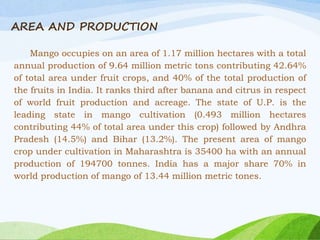 AREA AND PRODUCTION
Mango occupies on an area of 1.17 million hectares with a total
annual production of 9.64 million metric tons contributing 42.64%
of total area under fruit crops, and 40% of the total production of
the fruits in India. It ranks third after banana and citrus in respect
of world fruit production and acreage. The state of U.P. is the
leading state in mango cultivation (0.493 million hectares
contributing 44% of total area under this crop) followed by Andhra
Pradesh (14.5%) and Bihar (13.2%). The present area of mango
crop under cultivation in Maharashtra is 35400 ha with an annual
production of 194700 tonnes. India has a major share 70% in
world production of mango of 13.44 million metric tones.
 